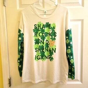 White and Green Long Sleeve Tee with St. Patrick's Day Design